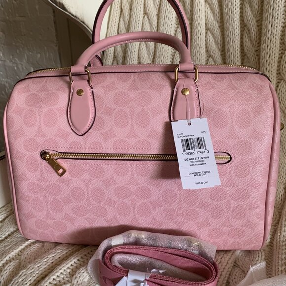 NWT  Coach Rowan large satchel bag in signature canvas Gold/Powder Pink - Picture 2 of 3